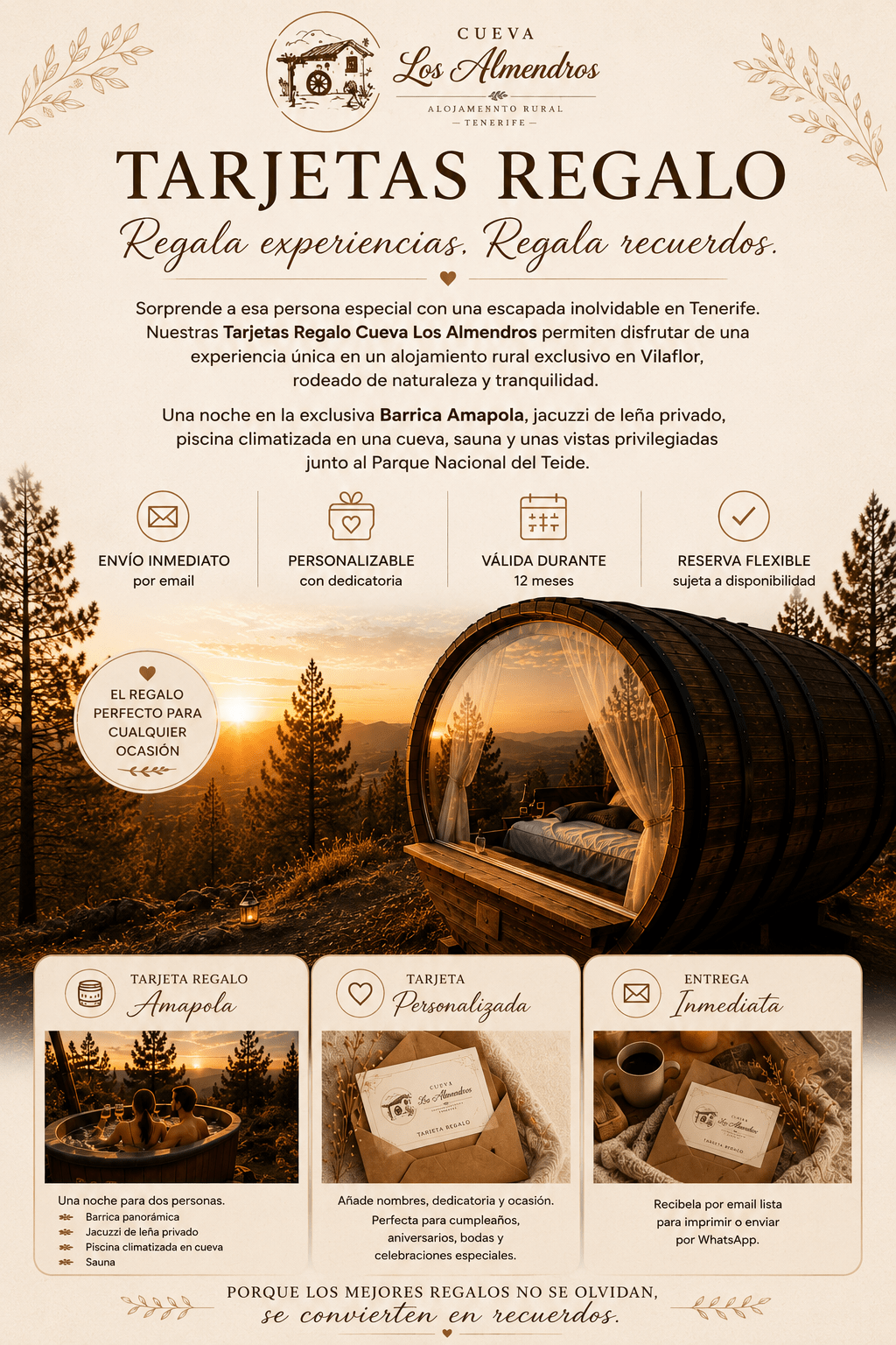 Tarjetas regalo de Cueva Los Almendros para regalar una escapada rom&aacute;ntica en Tenerife con barrica panor&aacute;mica, jacuzzi de le&ntilde;a, piscina climatizada en cueva y sauna.